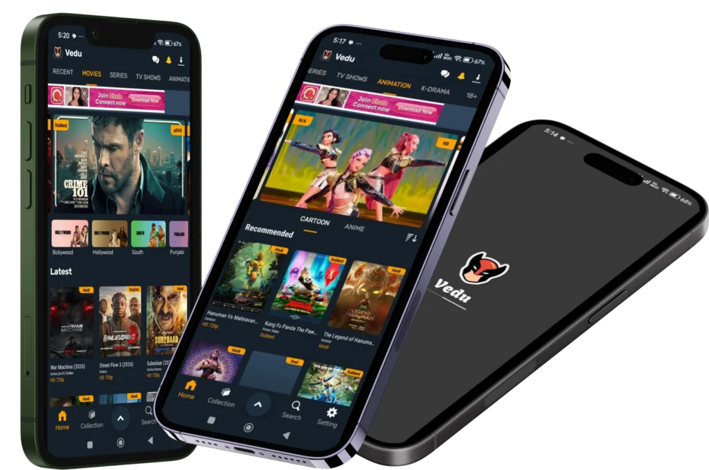 Vedu App in 3 mobiles home page WEBP